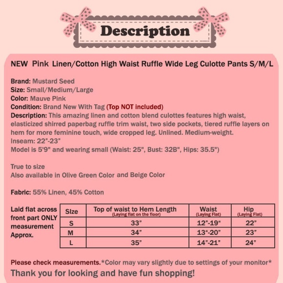 Last☝️Linen/Cotton Ruffle High Waist Culotte Pants - Picture 8 of 8